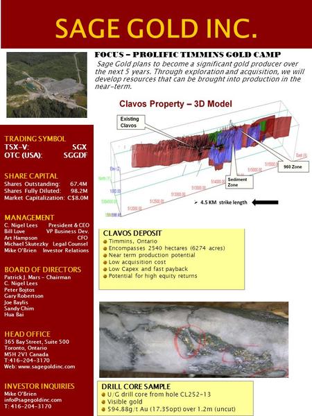 SAGE GOLD INC. FOCUS – PROLIFIC TIMMINS GOLD CAMP Sage Gold plans to become a significant gold producer over the next 5 years. Through exploration and.