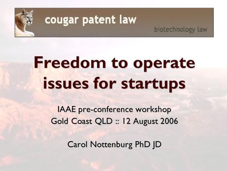 IAAE pre-conference workshop Gold Coast QLD :: 12 August 2006 Carol Nottenburg PhD JD Freedom to operate issues for startups.