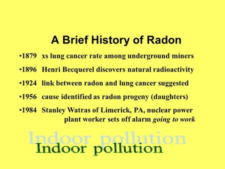 A Brief History of Radon 1879xs lung cancer rate among underground miners 1896Henri Becquerel discovers natural radioactivity 1924link between radon and.