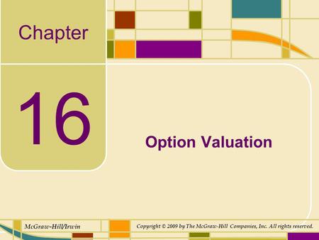 Chapter McGraw-Hill/Irwin Copyright © 2009 by The McGraw-Hill Companies, Inc. All rights reserved. 16 Option Valuation.