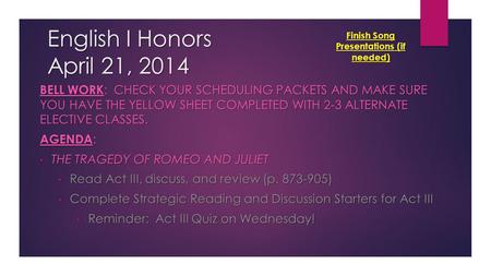 English I Honors April 21, 2014 BELL WORK : CHECK YOUR SCHEDULING PACKETS AND MAKE SURE YOU HAVE THE YELLOW SHEET COMPLETED WITH 2-3 ALTERNATE ELECTIVE.