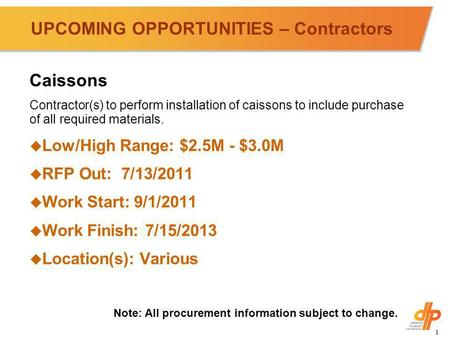 1 UPCOMING OPPORTUNITIES – Contractors Caissons Contractor(s) to perform installation of caissons to include purchase of all required materials. u Low/High.