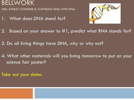 Bellwork Obj: SWBAT Compare & Contrast DNA with RNA