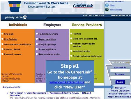 Step #1 Go to the PA CareerLink® homepage at www.cwds.state.pa.us and click “New User.”