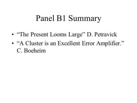 Panel B1 Summary The Present Looms Large D. Petravick A Cluster is an Excellent Error Amplifier. C. Boeheim.