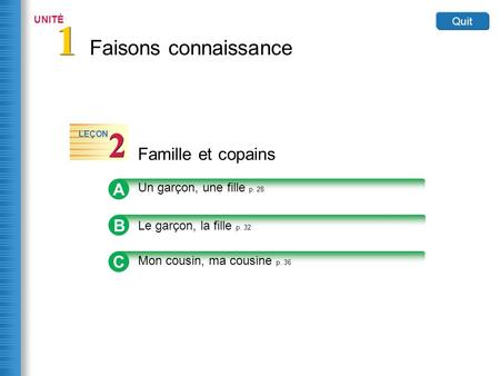 B Le garçon, la fille p. 32 Faisons connaissance 1 1 UNITÉ Quit Famille et copains 2 2 LEÇON A Un garçon, une fille p. 28 C Mon cousin, ma cousine p. 36.