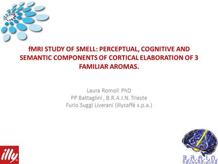 FMRI STUDY OF SMELL: PERCEPTUAL, COGNITIVE AND SEMANTIC COMPONENTS OF CORTICAL ELABORATION OF 3 FAMILIAR AROMAS. Laura Romoli PhD PP Battaglini, B.R.A.I.N.