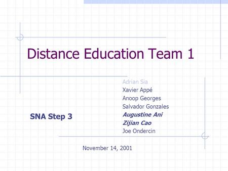 Distance Education Team 1 Adrian Sia Xavier Appé Anoop Georges Salvador Gonzales Augustine Ani Zijian Cao Joe Ondercin SNA Step 3 November 14, 2001.