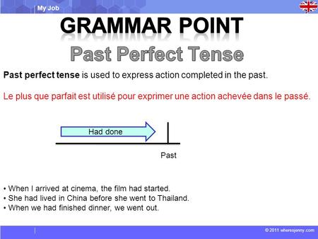 My Job © 2011 wheresjenny.com Past perfect tense is used to express action completed in the past. Le plus que parfait est utilisé pour exprimer une action.