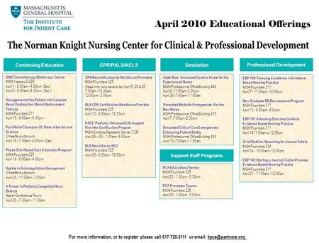 For more information, or to register please call 617-726-3111 or   Continuing EducationCPR/PALS/ACLSSimulation Professional Development.