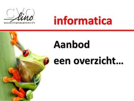 Informatica Aanbod een overzicht…. Pakket 1: Pakket 1: Basistraject Pakket 2: Pakket 2: Office Pakket 3: Pakket 3: Creatief Pakket 5: Pakket 5: Technisch.