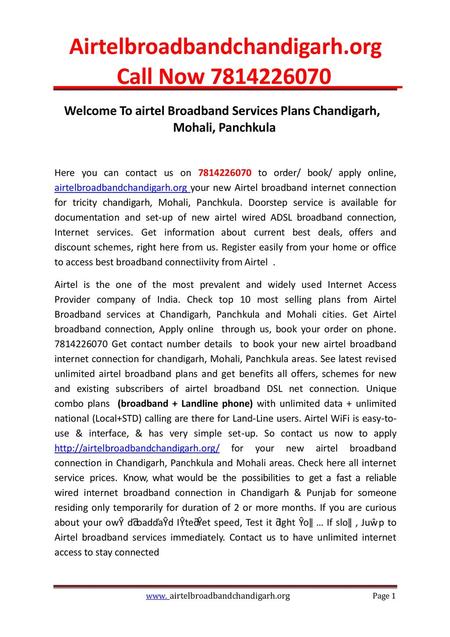 Airtelbroadbandchandigarh.org Call Now