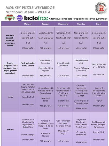 MONKEY PUZZLE WEYBRIDGE Nutritional Menu - WEEK 4