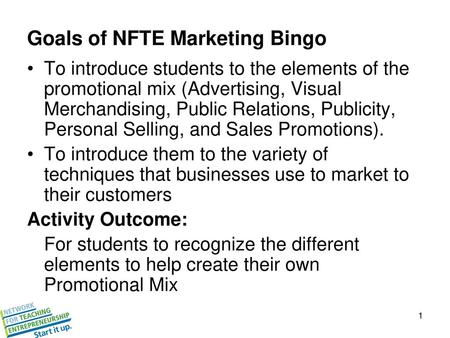 Goals of NFTE Marketing Bingo