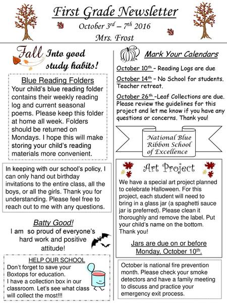 First Grade Newsletter October 3rd – 7th 2016 Mrs. Frost