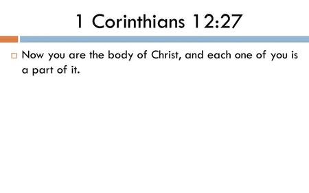 1 Corinthians 12:27 Now you are the body of Christ, and each one of you is a part of it.