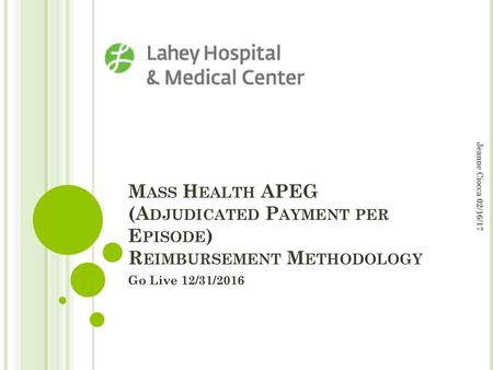 Mass Health APEG (Adjudicated Payment per Episode) Reimbursement Methodology Jeanne Ciocca 02/16/17 Go Live 12/31/2016.