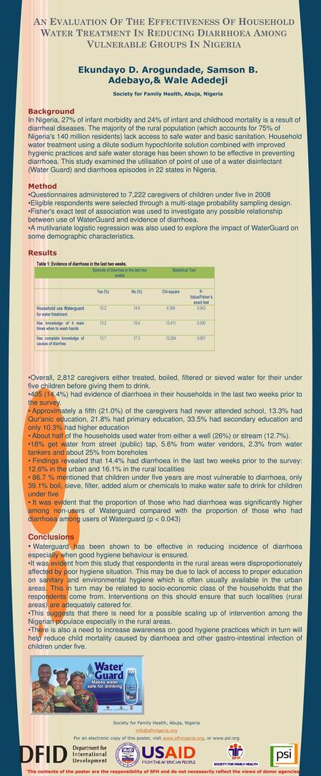 An Evaluation Of The Effectiveness Of Household Water Treatment In Reducing Diarrhoea Among Vulnerable Groups In Nigeria Ekundayo D. Arogundade, Samson.