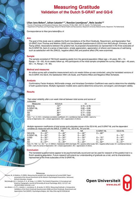 Measuring Gratitude Validation of the Dutch S-GRAT and GQ-6