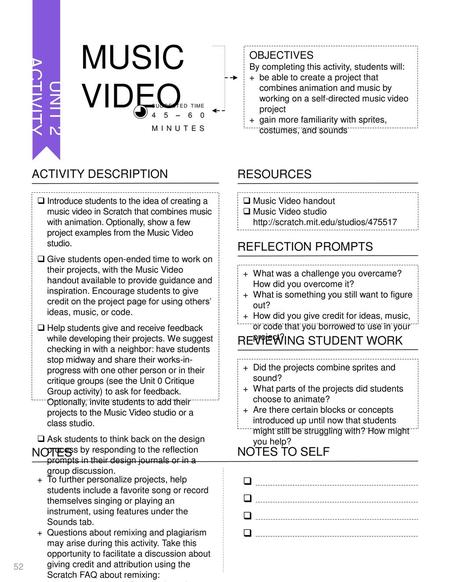 MUSIC VIDEO UNIT 2 ACTIVITY ACTIVITY DESCRIPTION RESOURCES