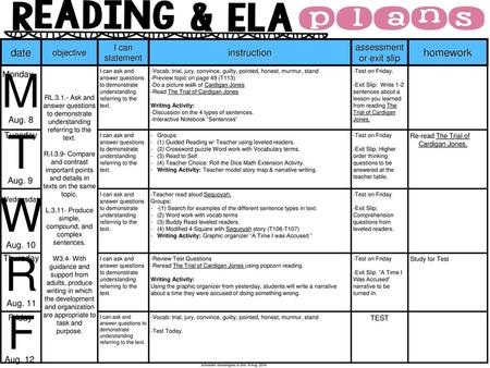 M T W R F date homework instruction assessment or exit slip