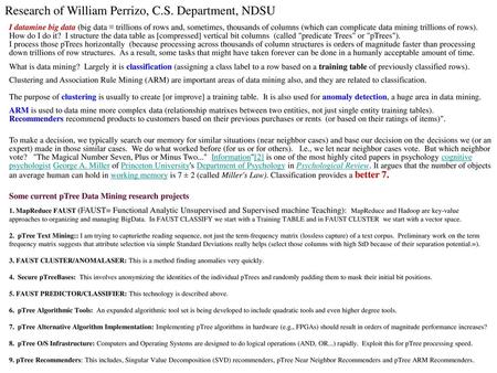 Research of William Perrizo, C.S. Department, NDSU