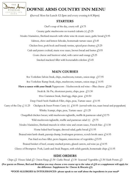 DOWNE ARMS COUNTRY INN MENU