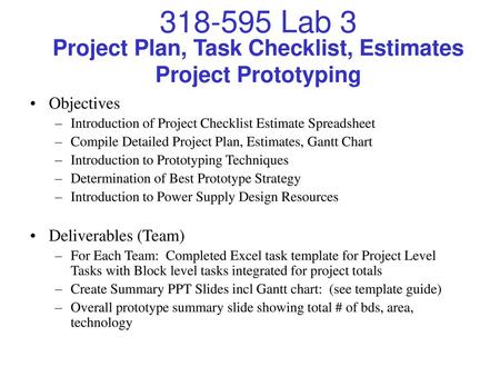 Project Plan, Task Checklist, Estimates Project Prototyping