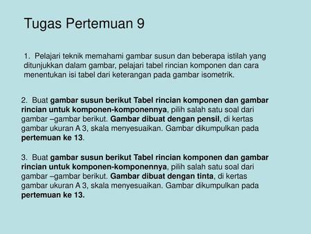 Tugas Pertemuan 9 1. Pelajari teknik memahami gambar susun dan beberapa istilah yang ditunjukkan dalam gambar, pelajari tabel rincian komponen dan cara.