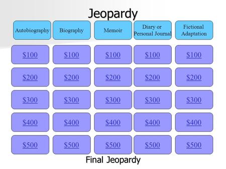 Jeopardy $100 AutobiographyBiographyMemoir Diary or Personal Journal Fictional Adaptation $200 $300 $400 $500 $400 $300 $200 $100 $500 $400 $300 $200.