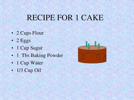 RECIPE FOR 1 CAKE 2 Cups Flour 2 Eggs 1 Cup Sugar 1 Tbs Baking Powder