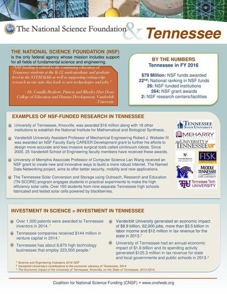 Tennessee THE NATIONAL SCIENCE FOUNDATION (NSF) is the only federal agency whose mission includes support for all fields of fundamental science and engineering.