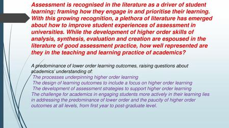 Assessment is recognised in the literature as a driver of student learning; framing how they engage in and prioritise their learning. With this growing.