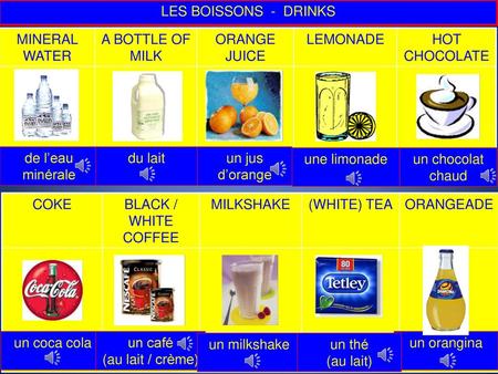 LES BOISSONS  -  DRINKS MINERAL WATER A BOTTLE OF MILK ORANGE JUICE