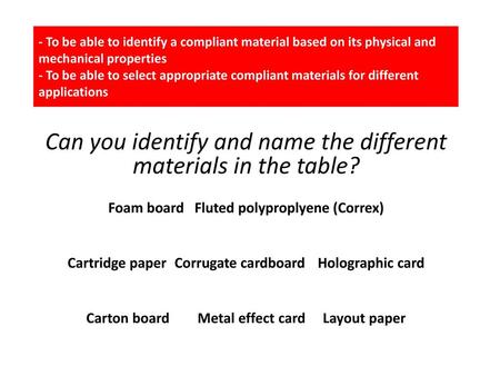 Can you identify and name the different materials in the table?