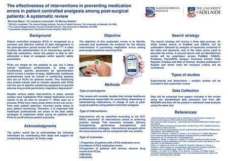 The effectiveness of interventions in preventing medication errors in patient controlled analgesia among post-surgical patients: A systematic review Ms.