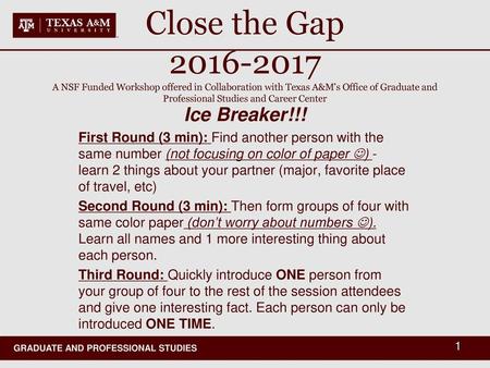 Close the Gap 2016-2017 A NSF Funded Workshop offered in Collaboration with Texas A&M’s Office of Graduate and Professional Studies and Career Center Ice.