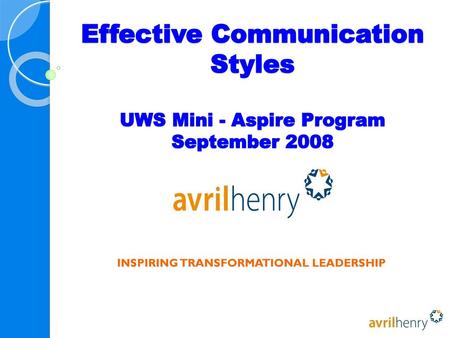 Effective Communication Styles UWS Mini - Aspire Program September 2008 INSPIRING TRANSFORMATIONAL LEADERSHIP.