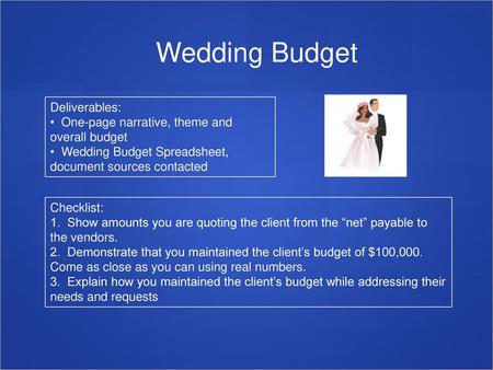 Wedding Budget Deliverables: