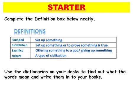 STARTER definitions Complete the Definition box below neatly.