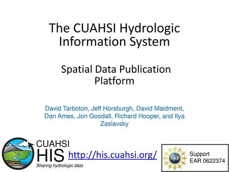 The CUAHSI Hydrologic Information System Spatial Data Publication Platform David Tarboton, Jeff Horsburgh, David Maidment, Dan Ames, Jon Goodall, Richard.