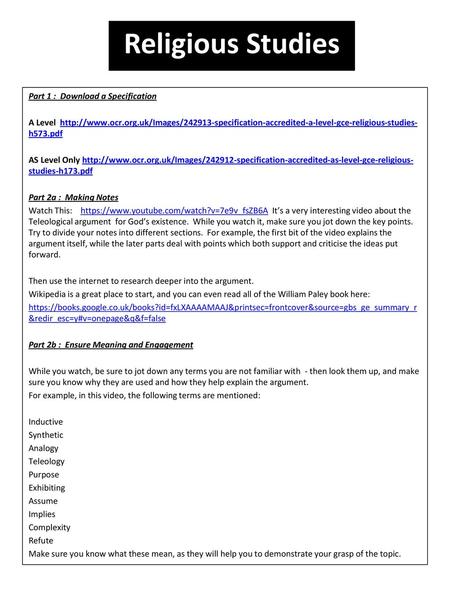 Religious Studies Part 1 : Download a Specification A Level http://www.ocr.org.uk/Images/242913-specification-accredited-a-level-gce-religious-studies-h573.pdf.