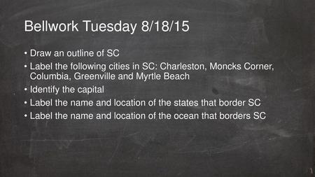 Bellwork Tuesday 8/18/15 Draw an outline of SC