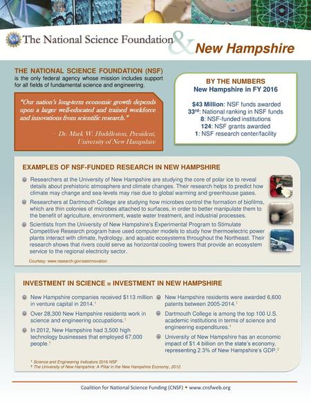 New Hampshire THE NATIONAL SCIENCE FOUNDATION (NSF) is the only federal agency whose mission includes support for all fields of fundamental science and.