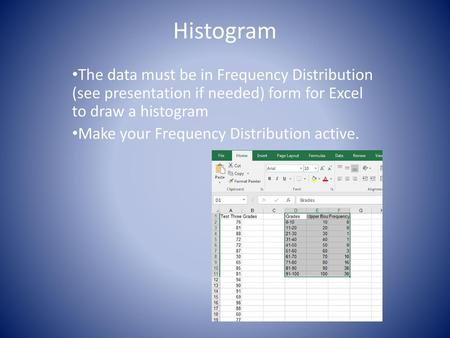 Histogram The data must be in Frequency Distribution (see presentation if needed) form for Excel to draw a histogram Make your Frequency Distribution active.