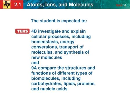 The student is expected to: 4B investigate and explain cellular processes, including homeostasis, energy conversions, transport of molecules, and synthesis.