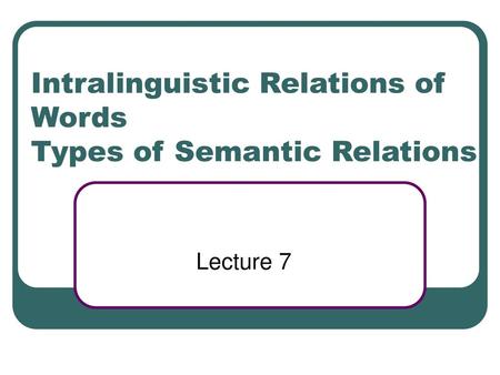 Intralinguistic Relations of Words Types of Semantic Relations