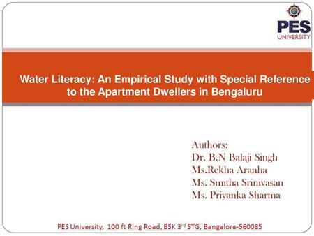 Authors: Dr. B.N Balaji Singh Ms.Rekha Aranha Ms. Smitha Srinivasan