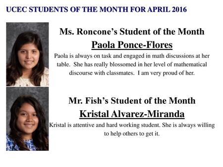 UCEC STUDENTS OF THE MONTH FOR APRIL 2016