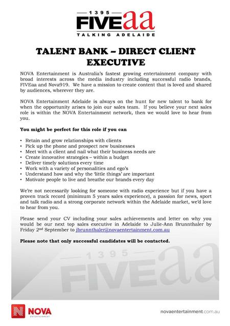 TALENT BANK – DIRECT CLIENT EXECUTIVE